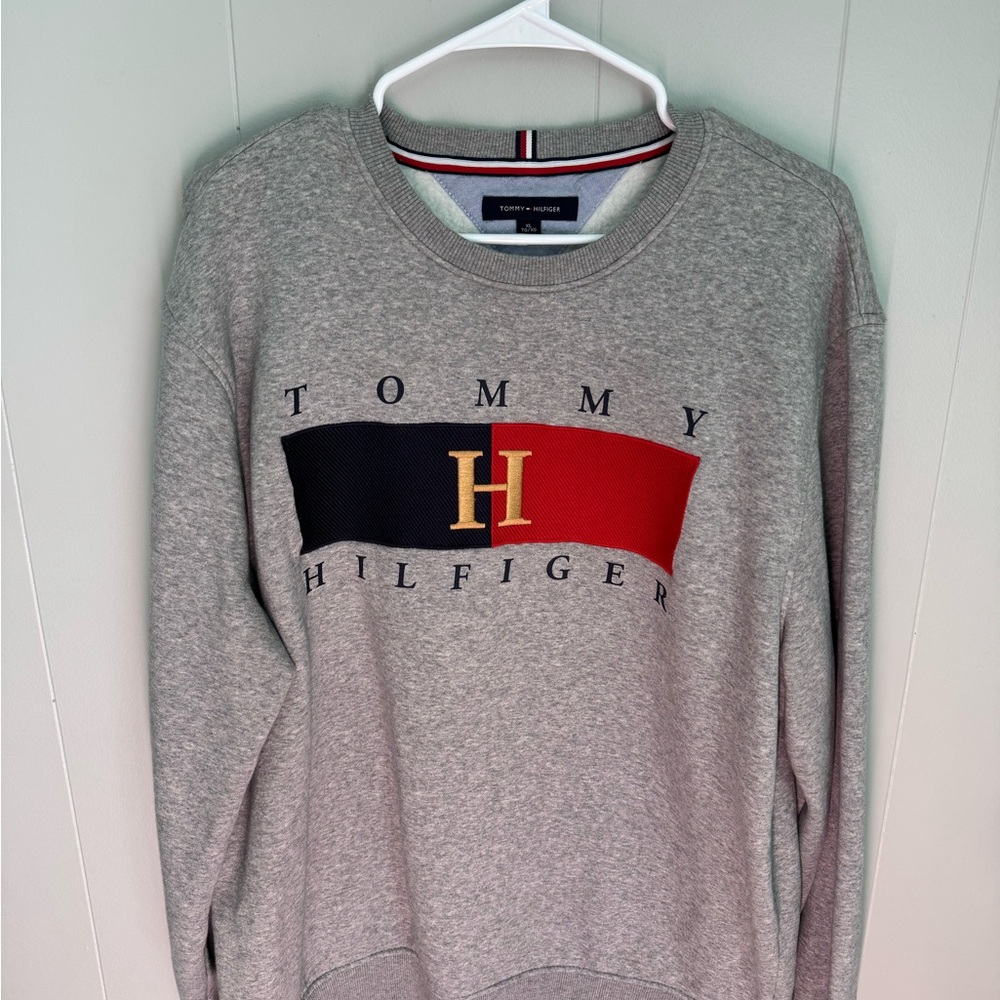 Tommy Hilfiger Gray Crewneck Sweater with Red and Blue Logo
